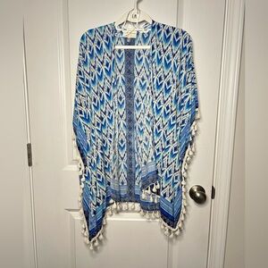 Bobbie Brooks Blue Multi Print Tasseled One Size Lightweight Afghan CardiganBe